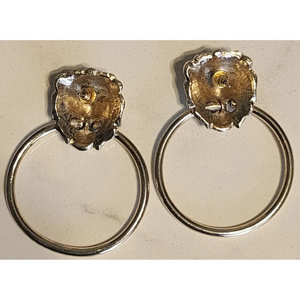 Vintage Gold Tone Lion Head Door Knocker Hoop Earrings Statement Leo